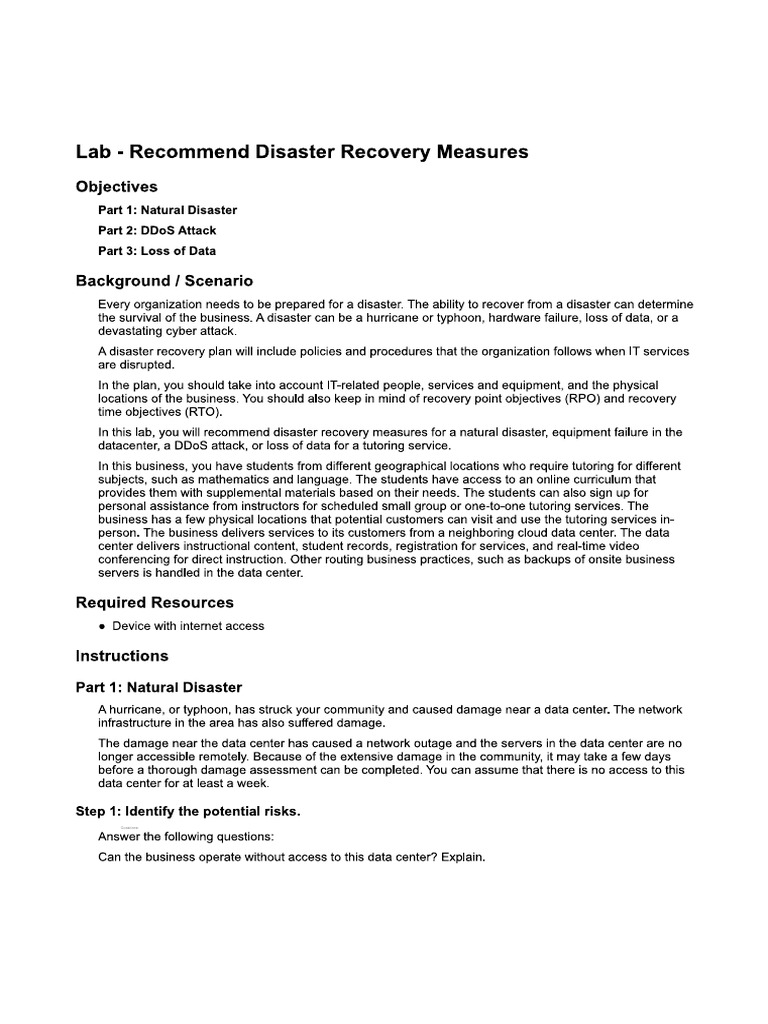 Recommended Disaster Recovery Measures Lab | PDF