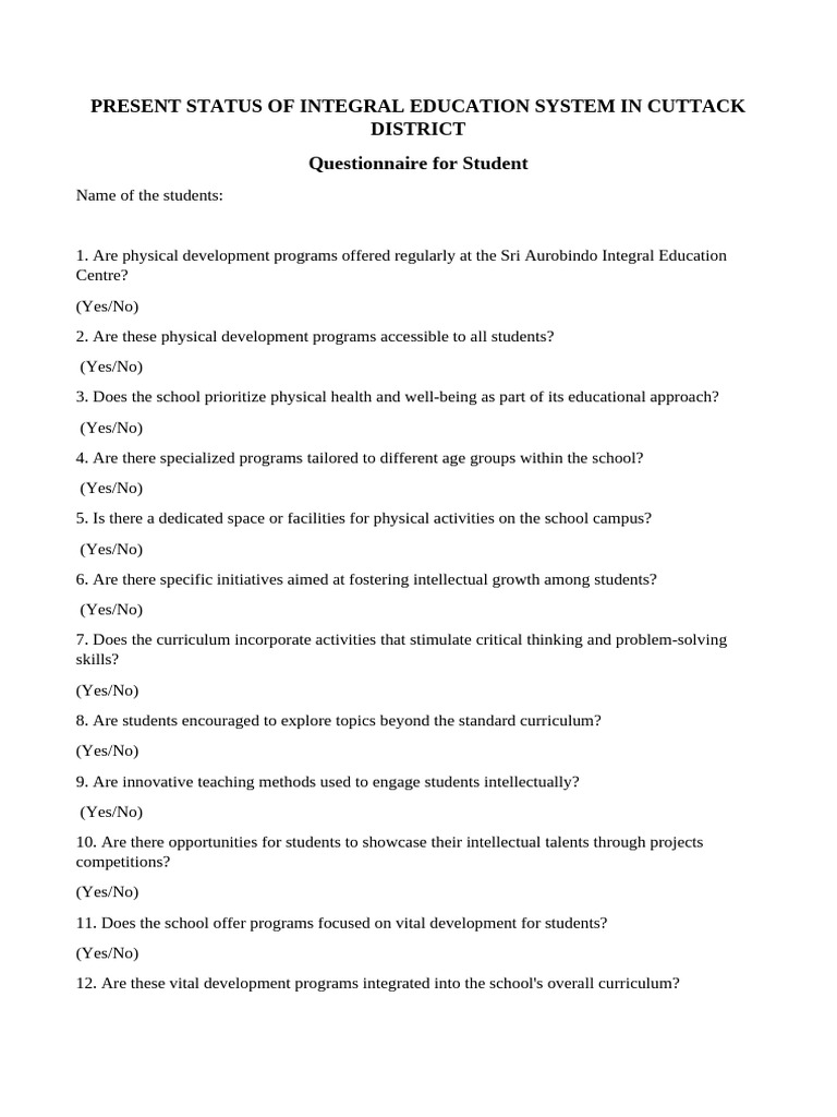 Questionnaire For Students | PDF | Psychology | Behavior Modification