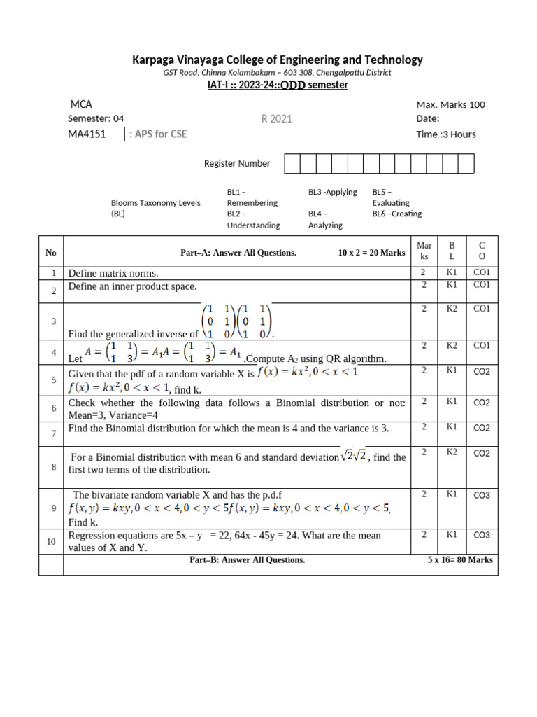 MCA MA4151 APS for CSE Exam Paper | PDF | Algebra | Probability Theory