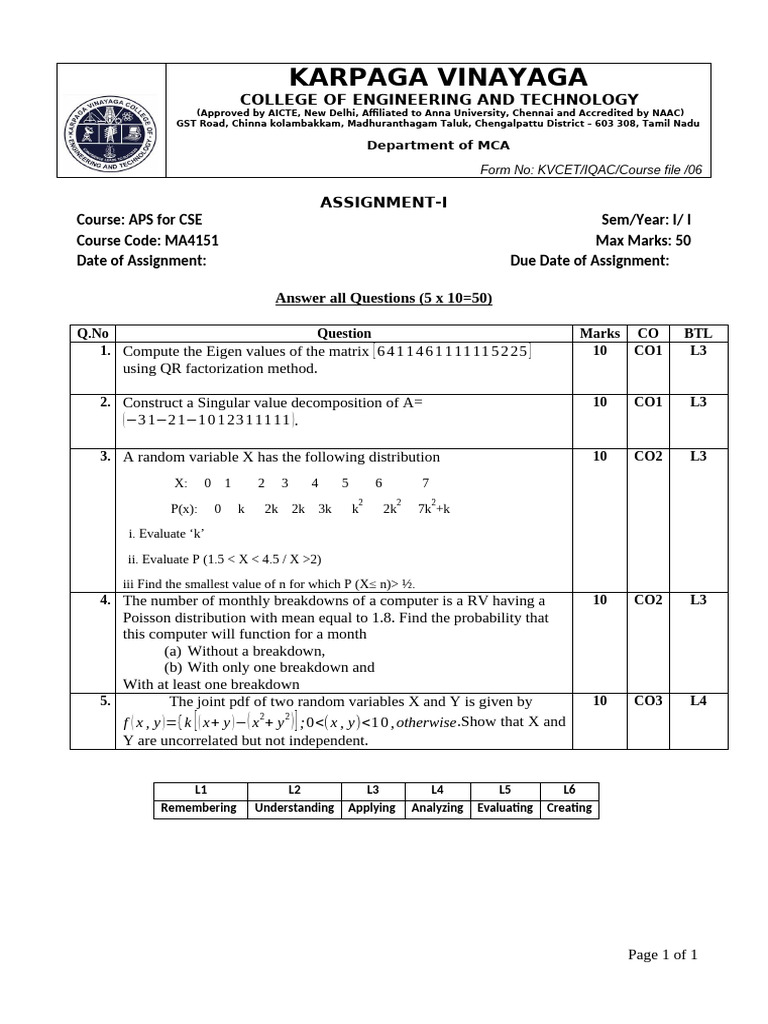 MCA Assignment on Matrix and Probability | PDF | Algebra | Matrix Theory
