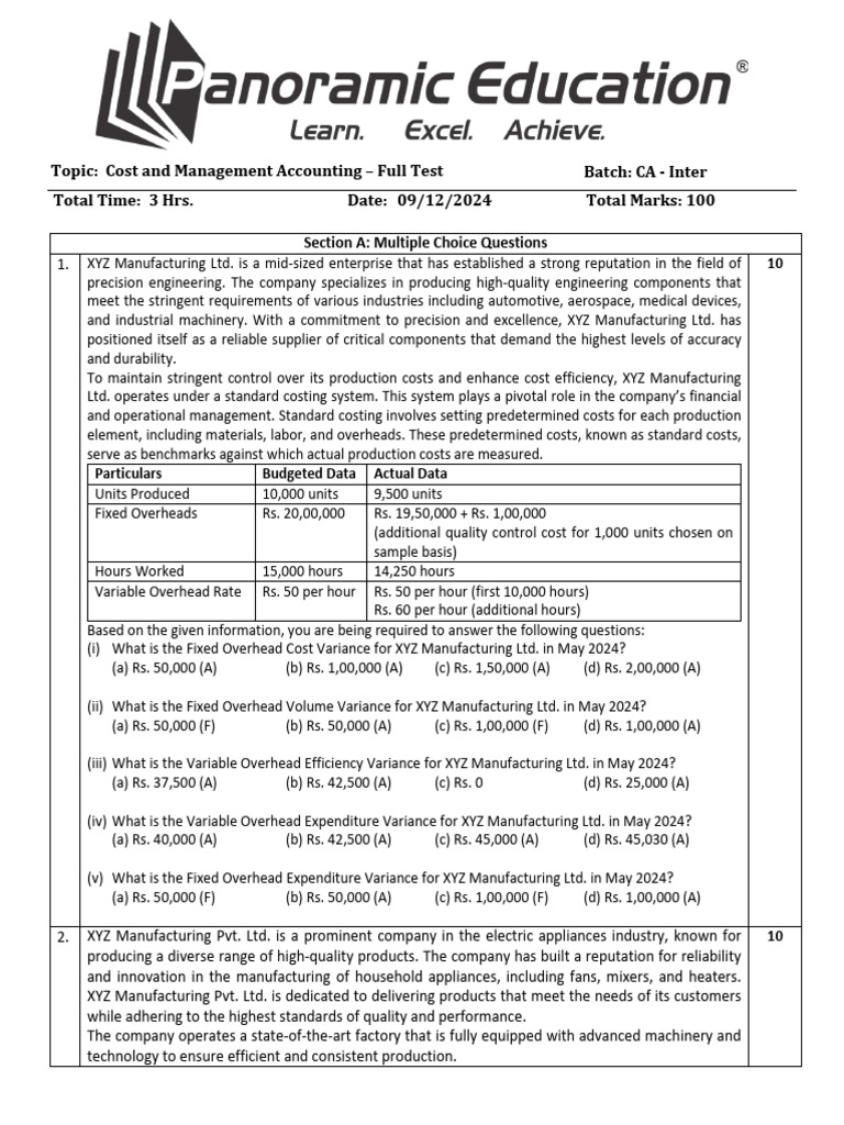 CA Inter Costing Question Paper Jan 25 | PDF | Business | Business ...