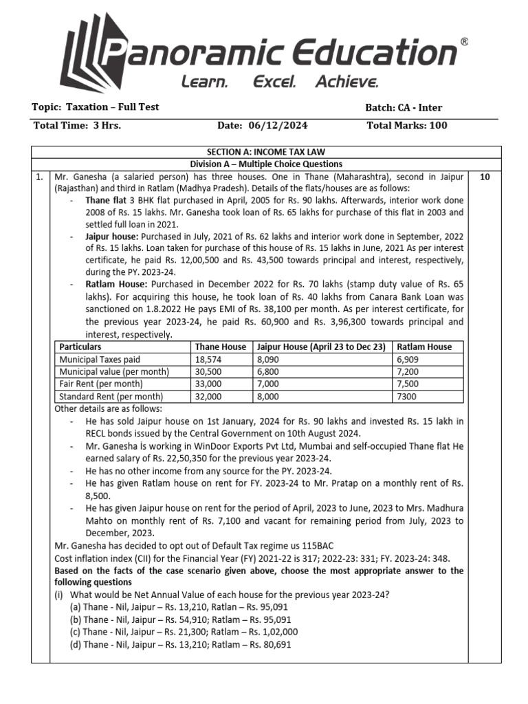 CA Inter Jan 25 Taxation Question Paper | PDF | Value Added Tax | Expense