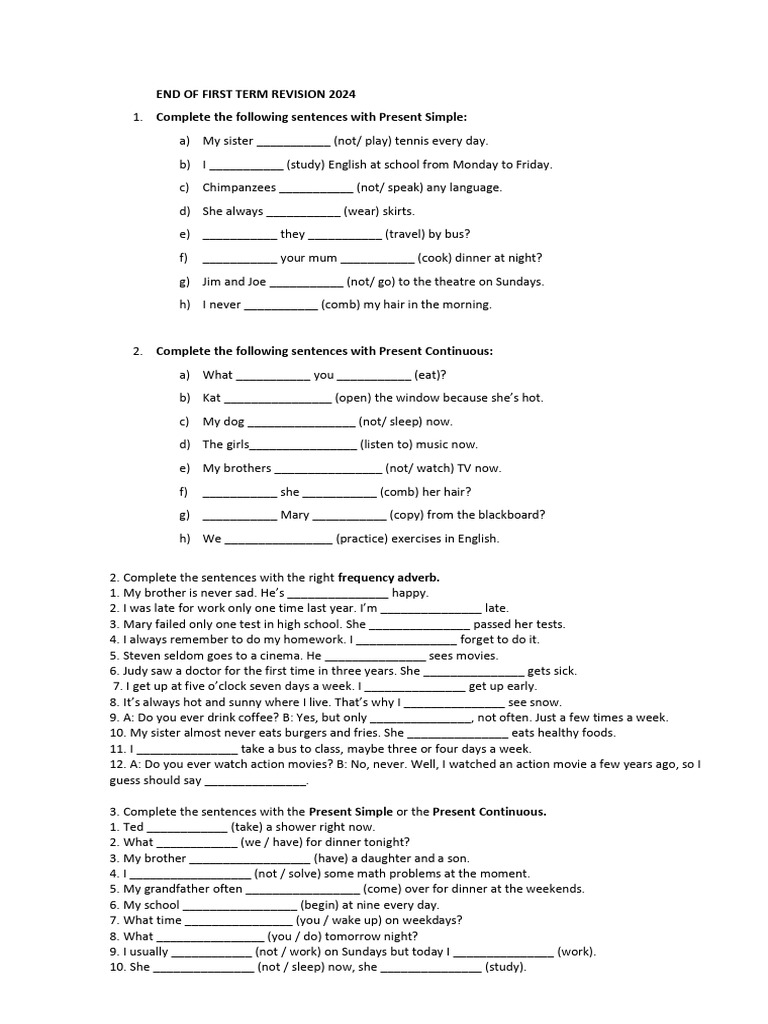 First Term Revision Exercises 2024 | PDF