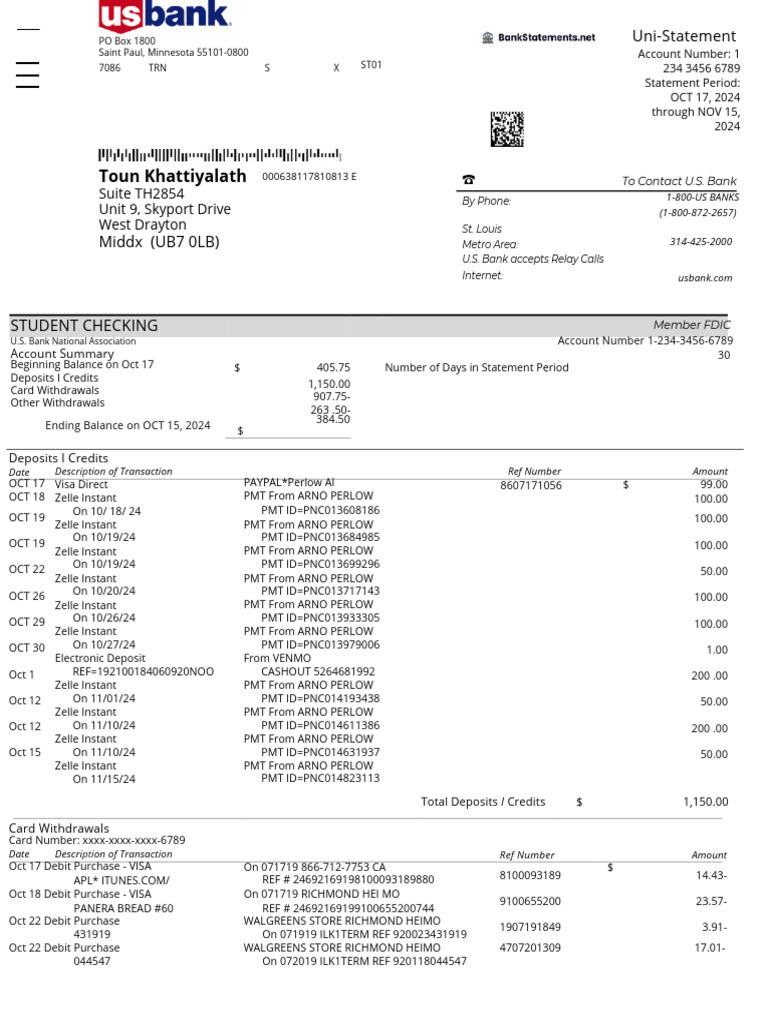 U.S. Bank Account Statement Summary | PDF | Credit Card | Debit Card