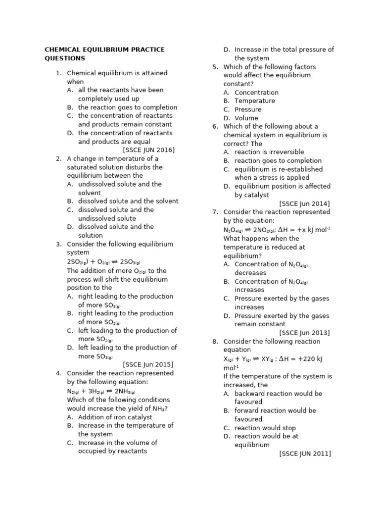 Chemical Equilibrium Practice Questions | PDF | Chemical Equilibrium ...