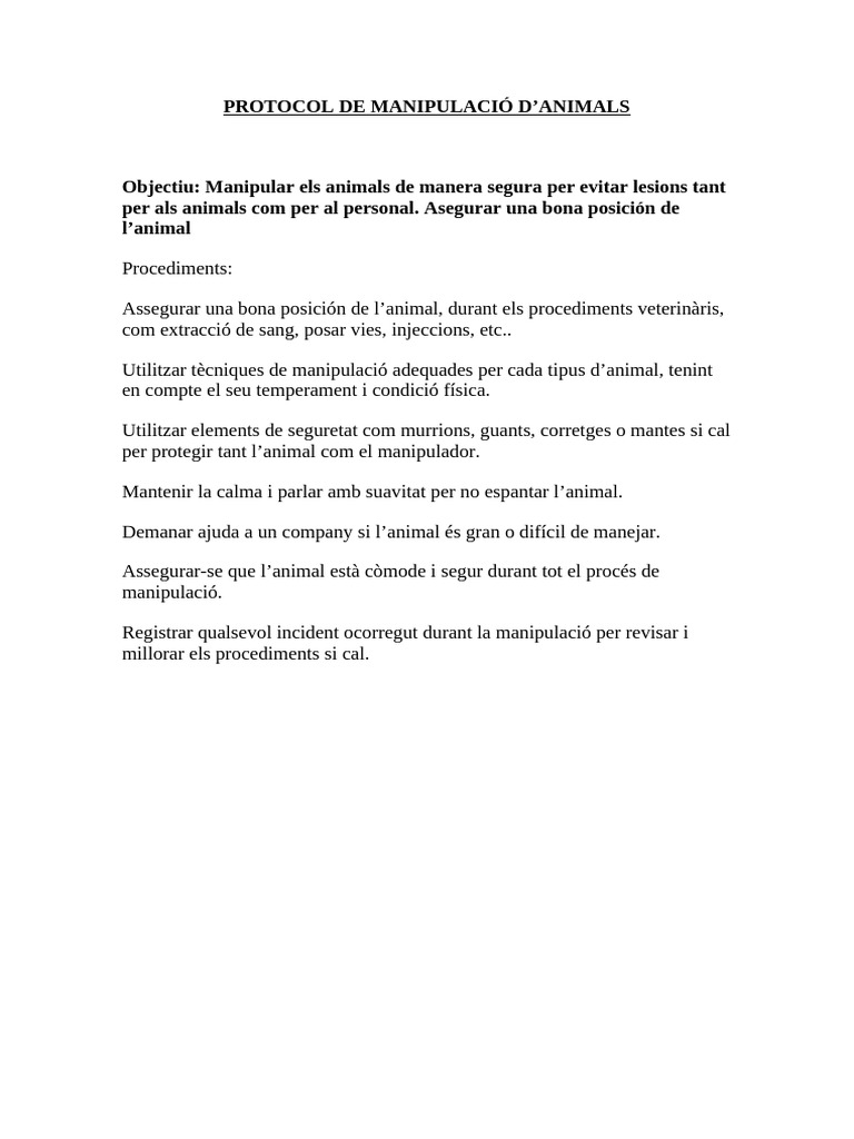 Protocol Manipulació D'animals | PDF