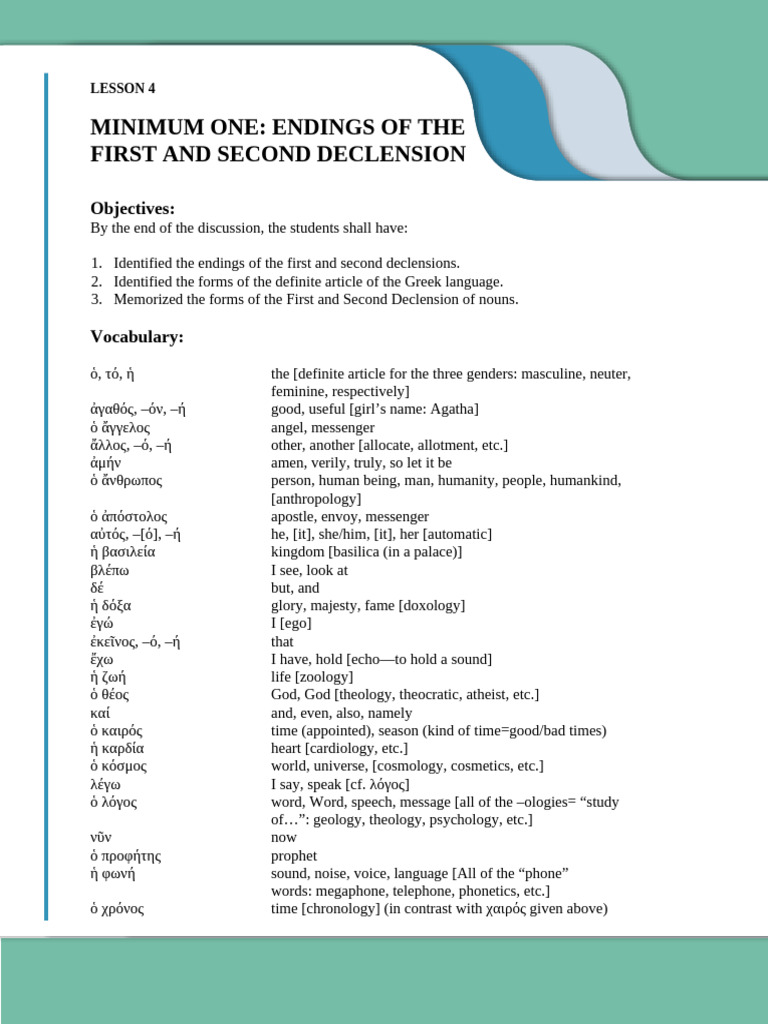Lesson 4 First and Second Declension Endings | PDF | Grammatical Gender ...