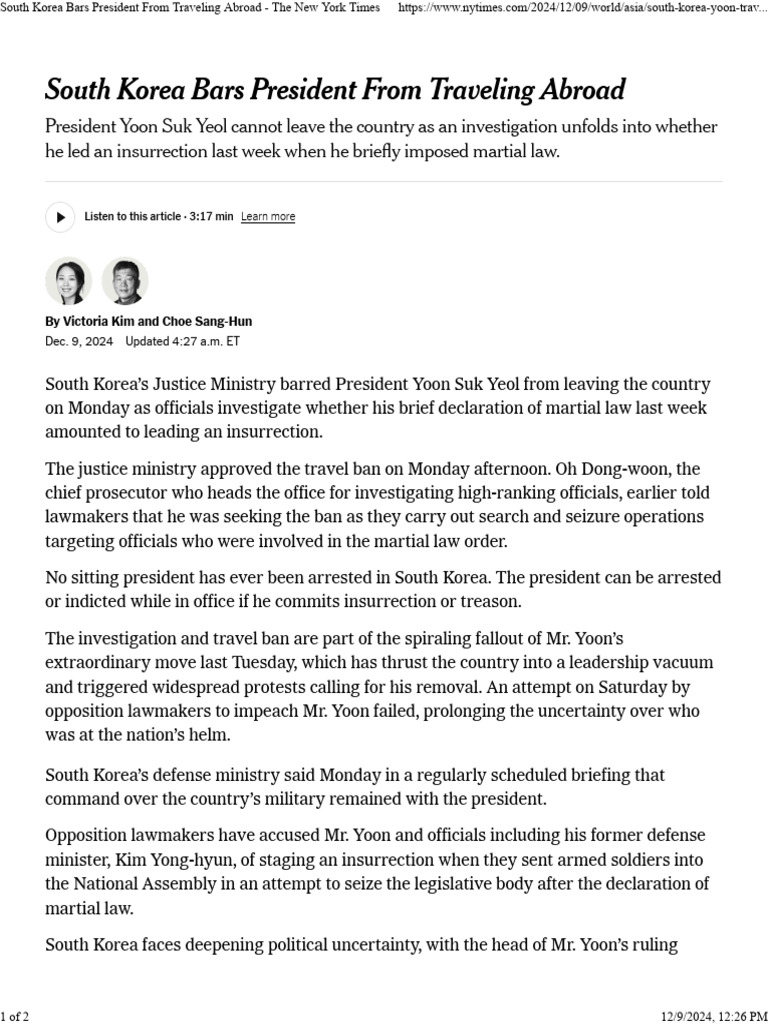 South Korea Bars President From Traveling Abroad - The New York Times ...