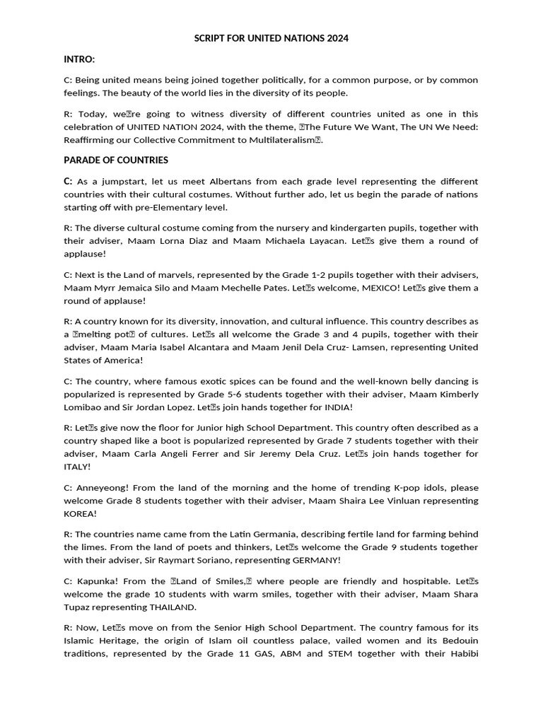 UN 2024 Costume Parade Script | PDF