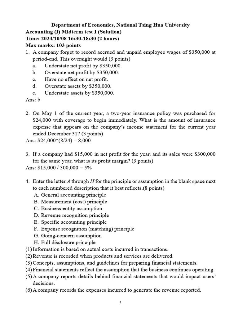 Accounting Midterm Solutions 2024 | PDF | Debits And Credits | Money