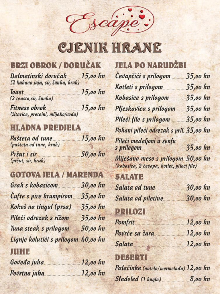 Restaurant Escape Jelovnik | PDF