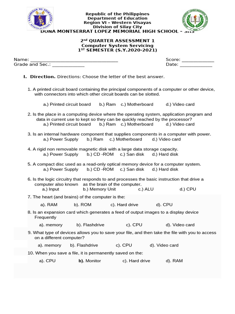 Grade 11css 2nd Quarter Assessment 1 Week 1 and 2 | PDF | Computer Data ...