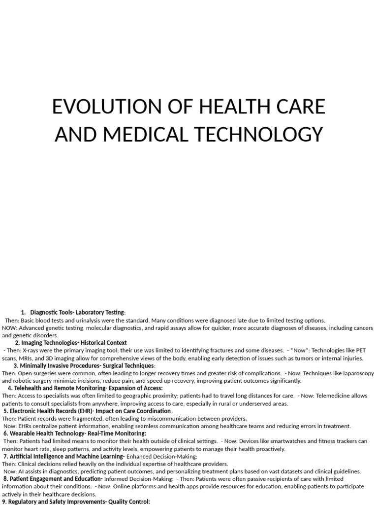 EVOLUTION OF HEALTH CARE AND MEDICAL TECHNOLOGY | PDF | Health Care ...