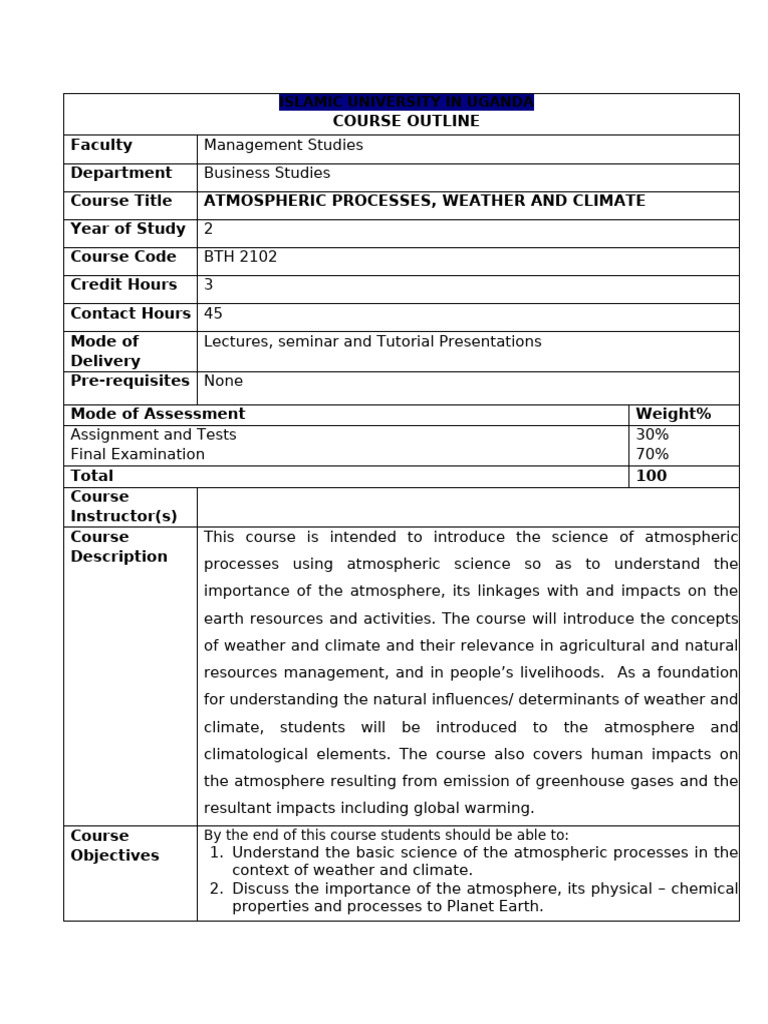 Atmospheric Processes, Weather and Climate Course Outline Edited | PDF ...