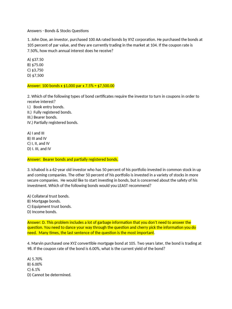 Bonds and Stocks Investment Questions | PDF | Bonds (Finance) | Yield ...