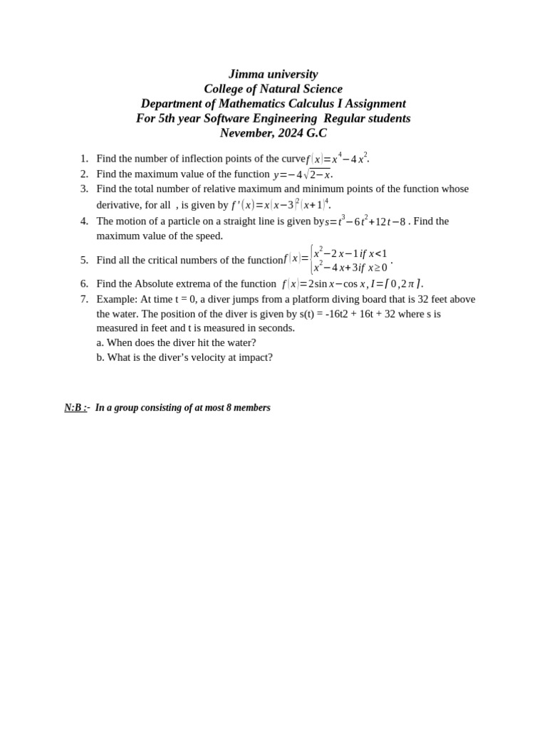 Calculus I Assignment for Software Engineering Students | PDF