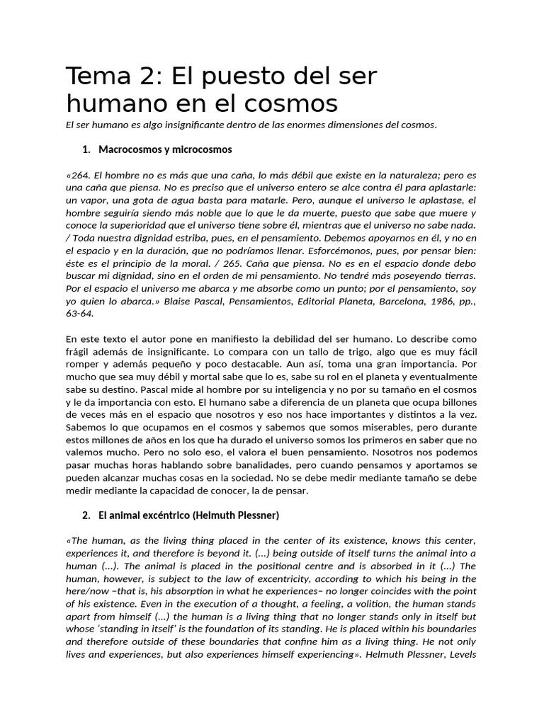 El ser humano en el cosmos: reflexión y dignidad | PDF | Humano ...