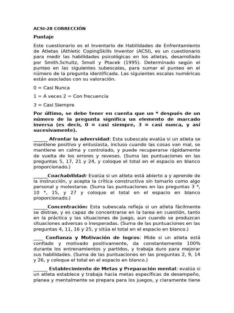 ACSI-28: Evaluación de Habilidades Atléticas | PDF | Cuestionario ...