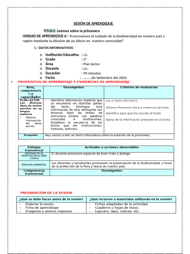 Plan Lector Leemos Sobre La Primavera | PDF | Temporada de primavera ...