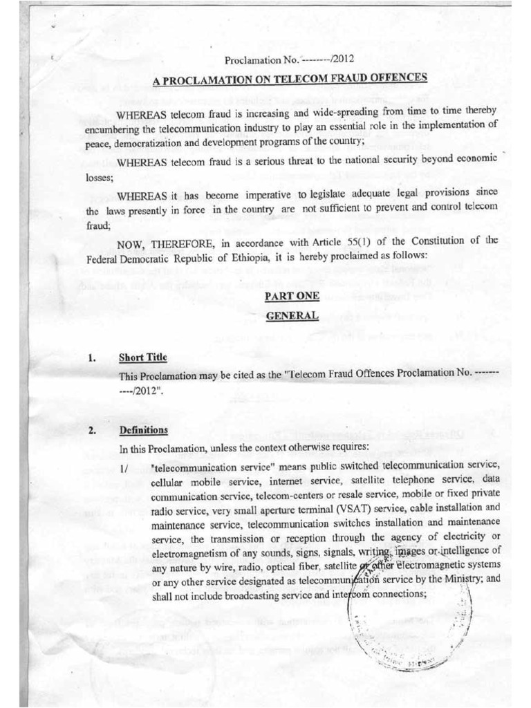 Ethiopia Draft Proclamation of Telecom Fraud Offences | PDF