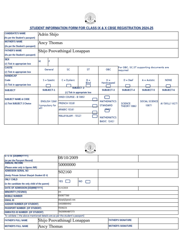 Student Information Registration Form GR IX & X 2 | PDF