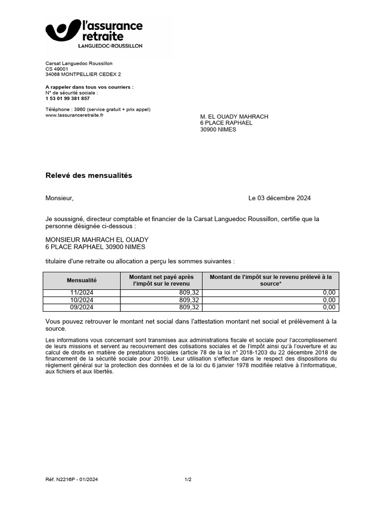 Relevé Mensuel de Retraite 2024 | PDF | Impôts | Impôt sur le revenu