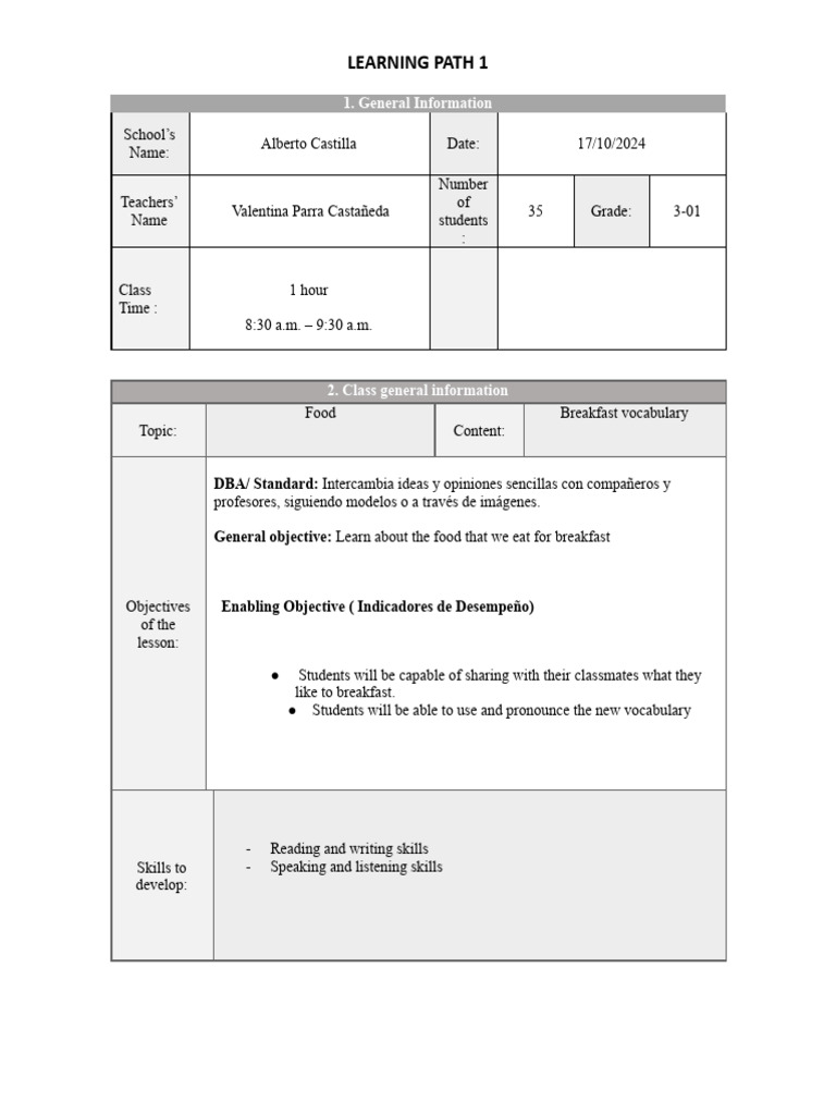 Breakfast Vocabulary Lesson Plan | PDF | Learning