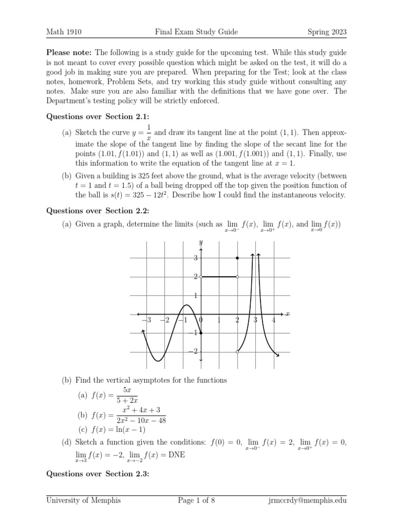 Math 1910 Final Exam Study Guide | PDF | Tangent | Slope