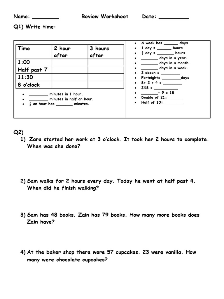 Time and Math Review Worksheet | PDF