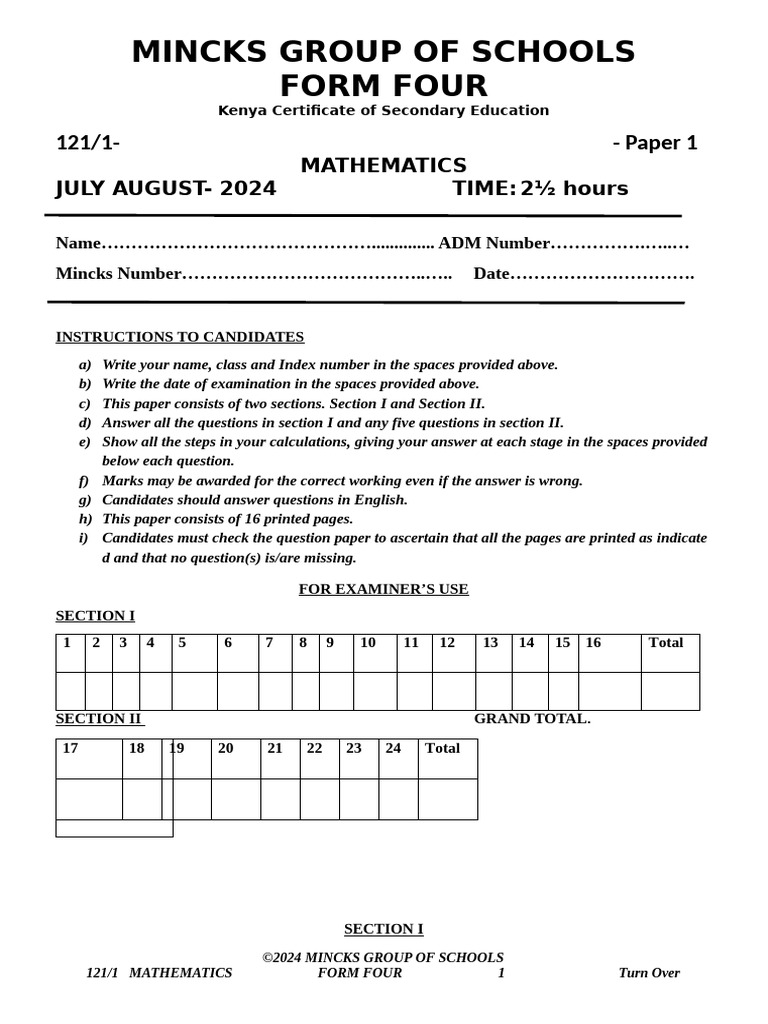 Form 4 Mathematics Exam Paper 2024 | PDF | Mathematics