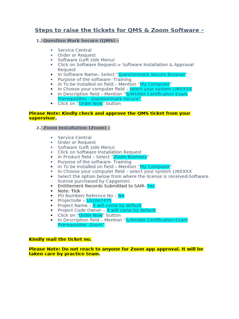 QMS & Zoom Software Ticket Guide | PDF