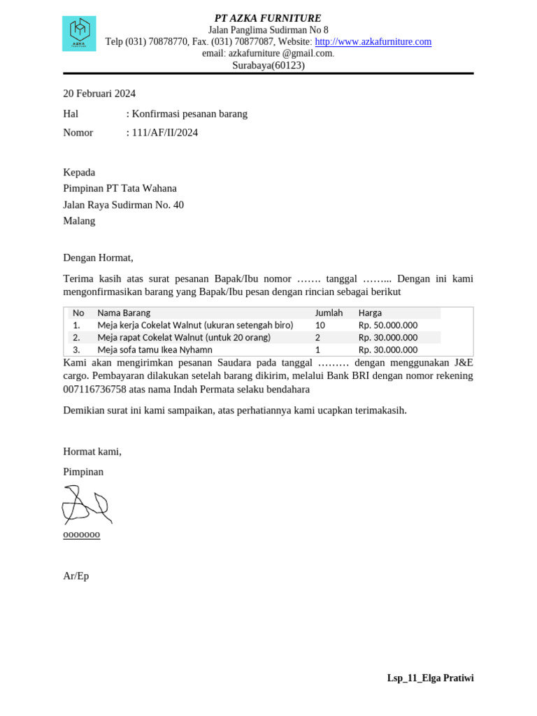Konfirmasi Pesanan Barang PT Tata Wahana | PDF
