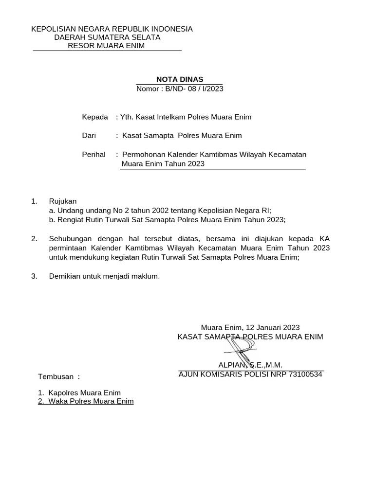 Nota Dinas Permintaan Kalender Kamtibmas | PDF