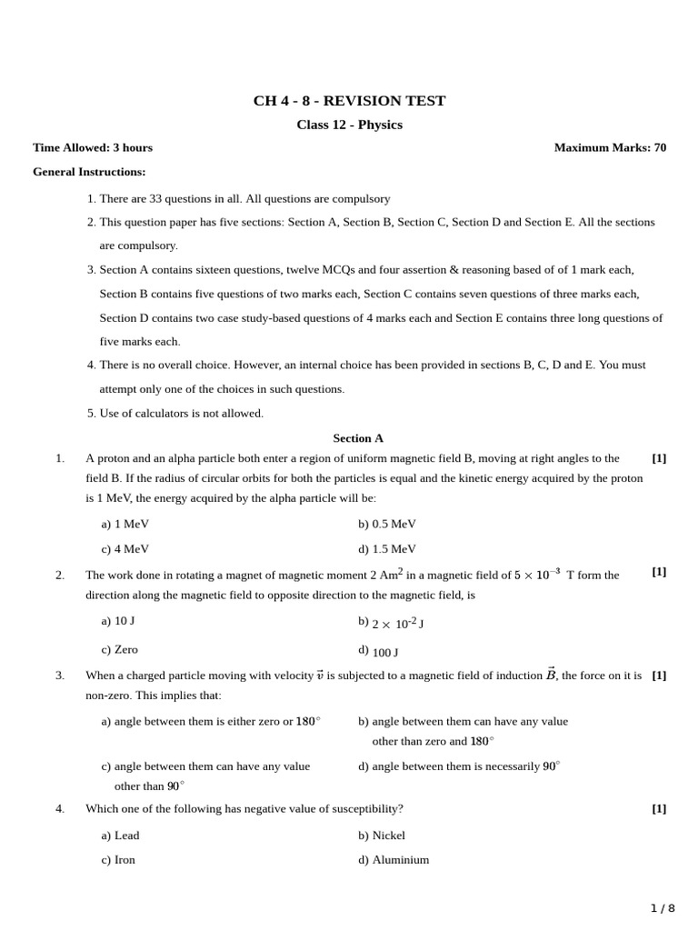 Class 12 Physics Revision Test | PDF | Capacitor | Magnetic Field