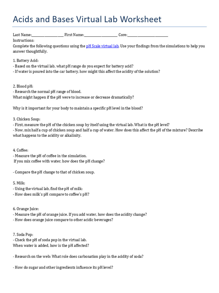Acids and bases Virtual Lab WS | PDF | Ph | Soft Drink