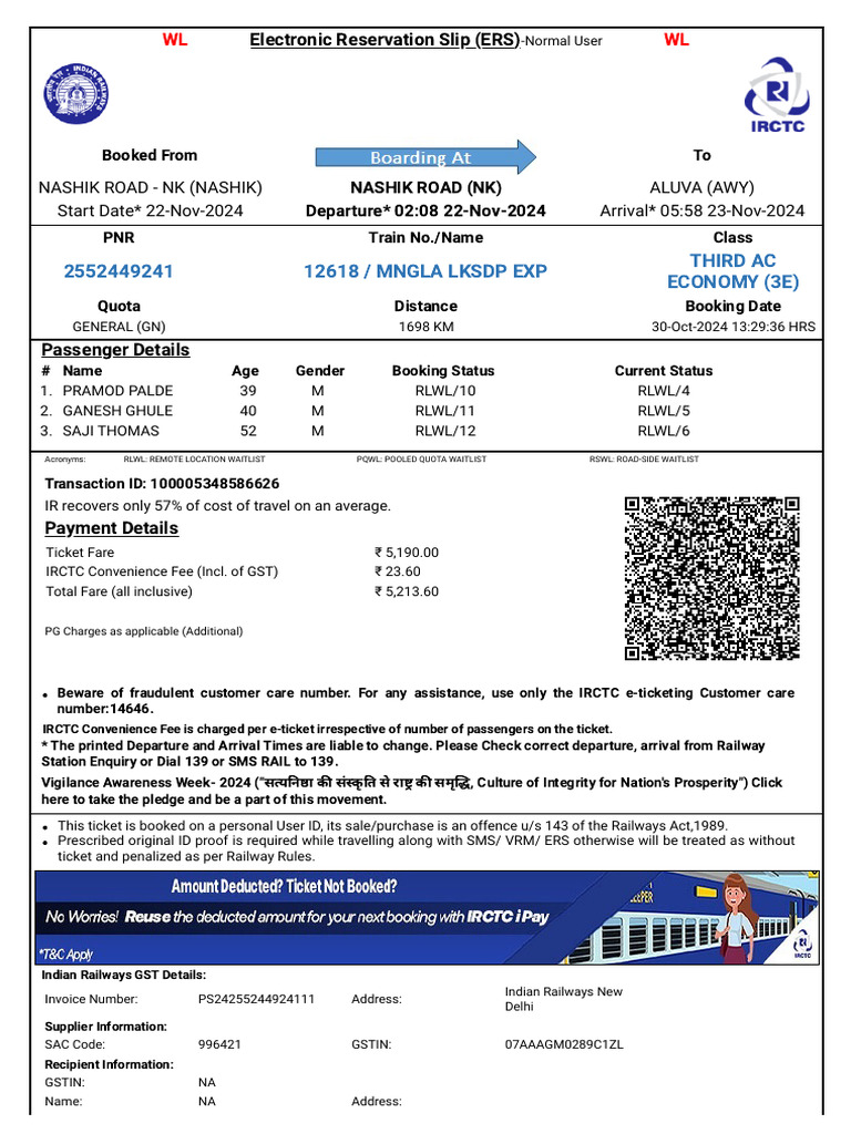 IRCTC Online Train Ticket Details | PDF | Identity Document | Payments