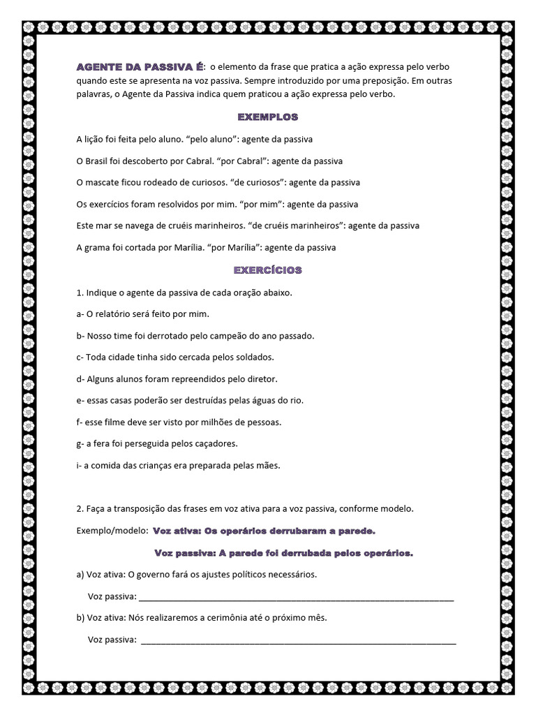 Exercícios sobre Agente da Passiva | PDF