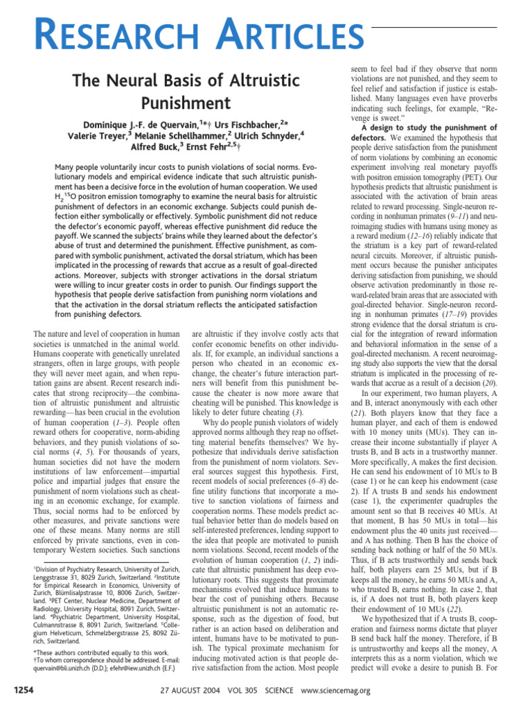 Altruistic Punishment - 1 | PDF | Prefrontal Cortex | Altruism
