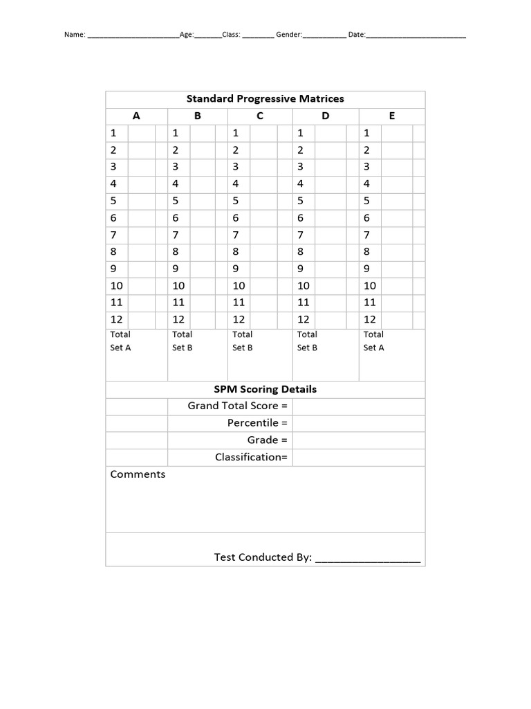 Standard Progressive Matrices Test Form | PDF