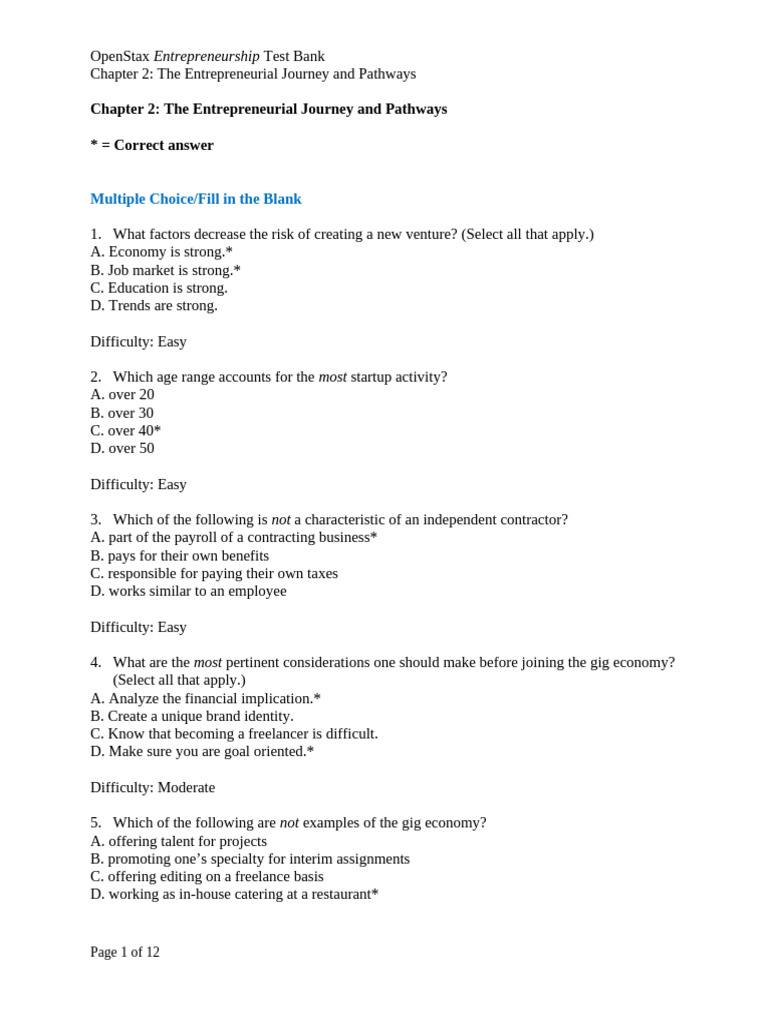 OpenStax Entrepreneurship Test Bank: Chapter 2 | PDF | Entrepreneurship ...