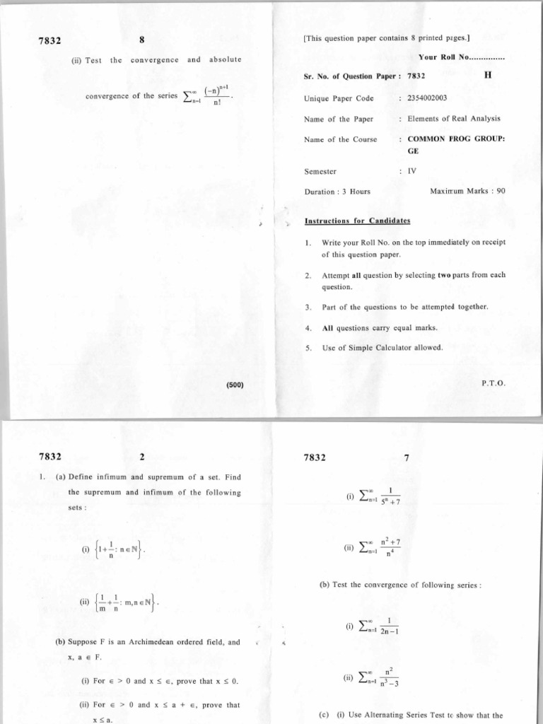 Real Analysis Question Paper 2024 | PDF | Limit (Mathematics) | Mathematics