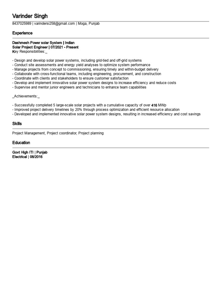 Solar Project Engineer Resume: Varinder Singh | PDF