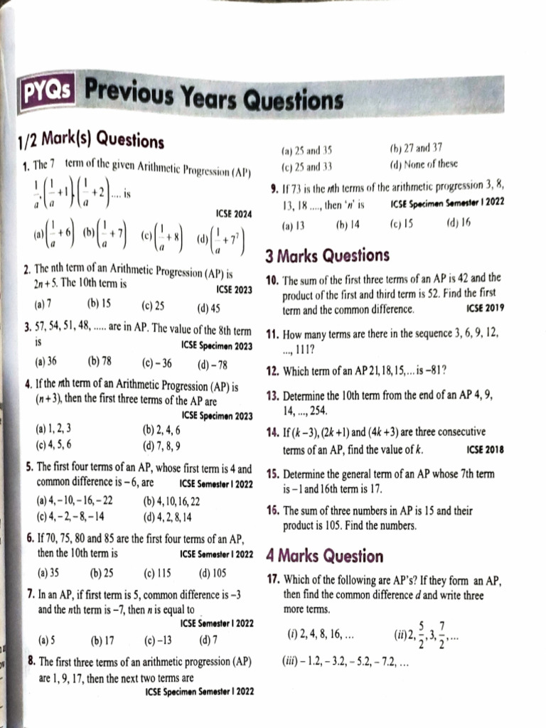 ICSE Arithmetic Progression PYQs | PDF | Numbers | Elementary Mathematics