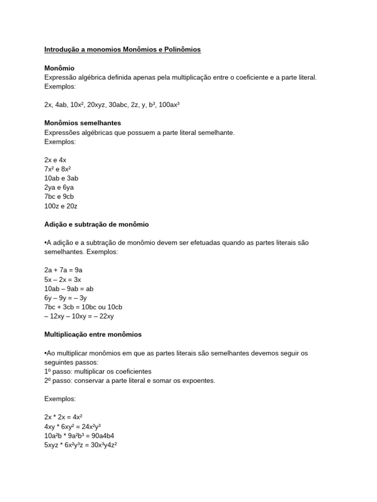 Introdução a Monômios e Polinômios | PDF