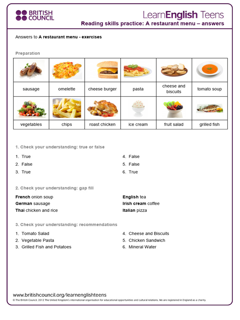 Restaurant Menu Exercises Answers | PDF