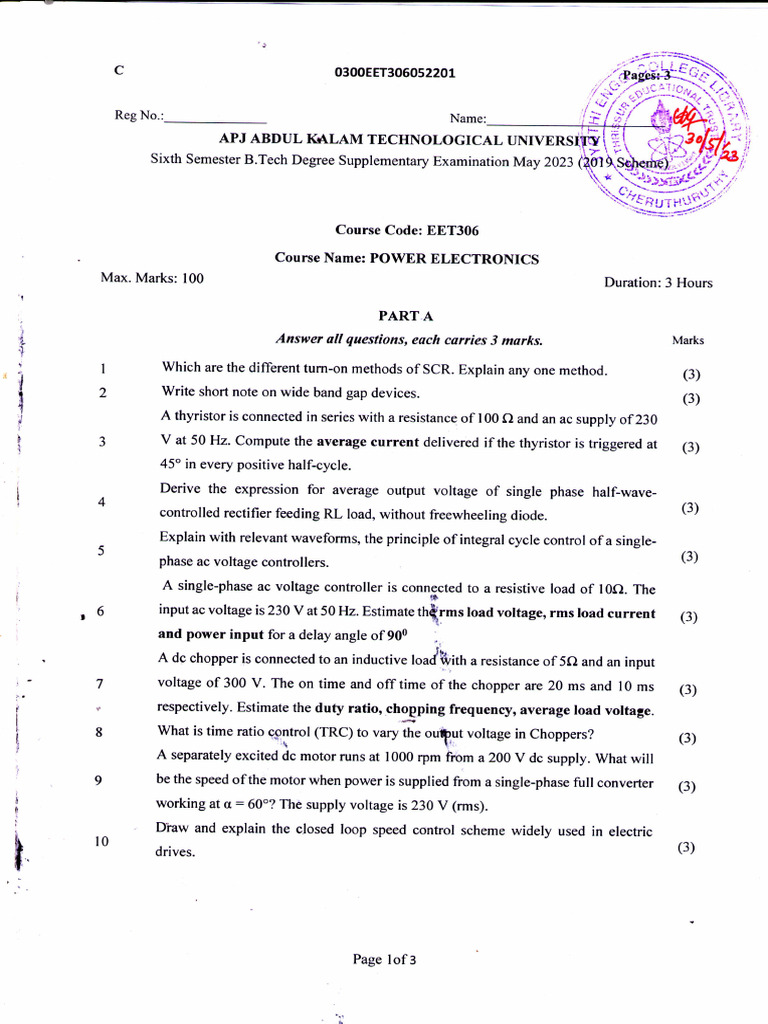 EET306 Power Electronics Exam Paper | PDF | Power Inverter | Rectifier