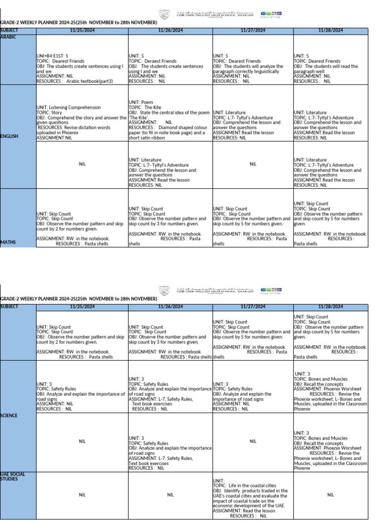 Grade 2 Weekly Planner 2024-2025 - 25th NOVEMBER To 28th NOV | PDF