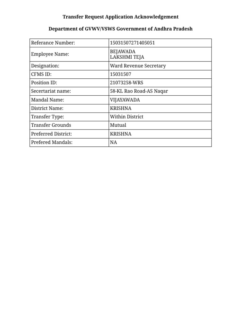 Transfer Request Acknowledgement - Andhra Pradesh | PDF