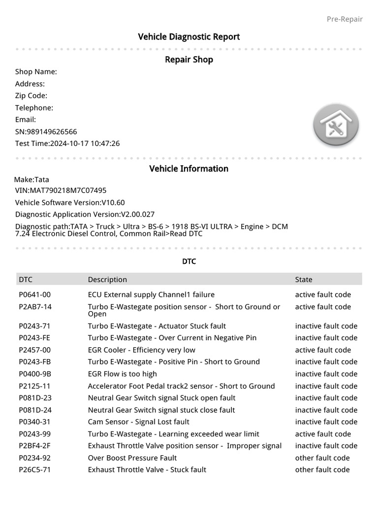 Tata Vehicle Fault Codes Report | PDF