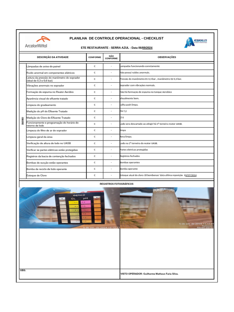 Checklist de Controle Operacional ETE | PDF